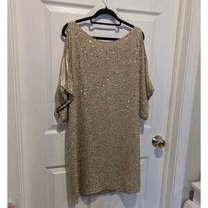 Women Aidan Mattox Gold Sequin Silk Dolman Cold Shoulder Cocktail Dress Size 8